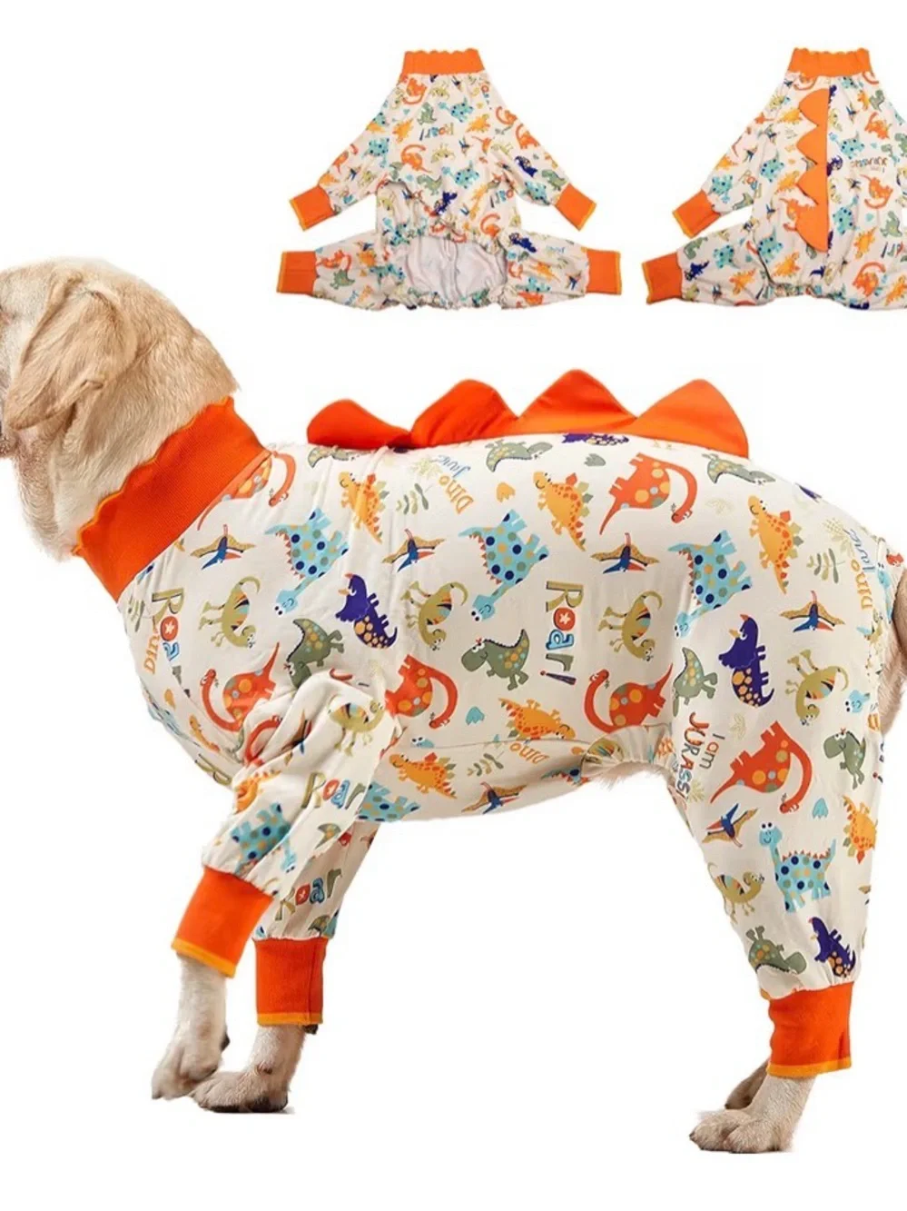 Dinosaur Print Full-Body Dog Pajamas — Orange Trim
